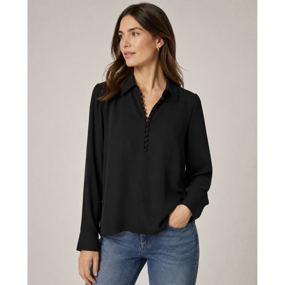 Zara Shirt Womens Large Black Henley Popover Pullover Casual Cottage Boho